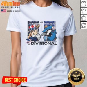 Alt Text: Awesome New York Yankees vs Toronto Blue Jays ALDS 2025 ladies tee featuring team mascots and vibrant design.