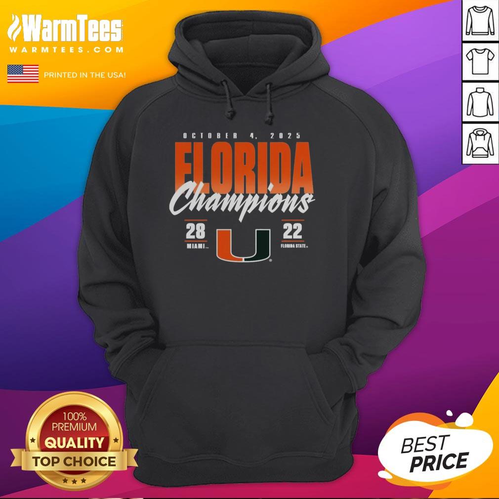 Miami Hurricanes vs. Florida State Seminoles 2025 State Champions hoodie featuring vibrant team colors and logo.