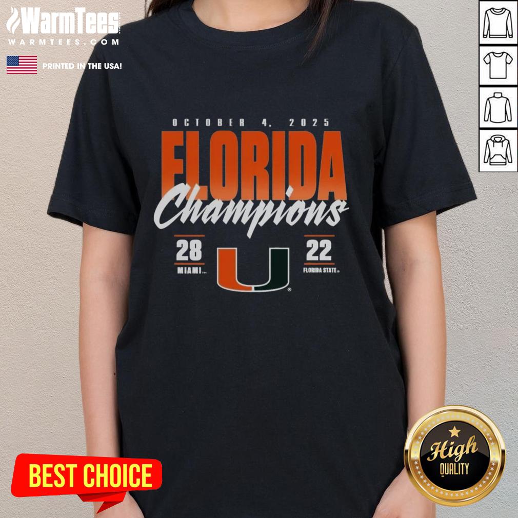 Awesome Miami Hurricanes vs Florida State Seminoles 2025 State Champions score ladies tee, celebrating college football rivalry.