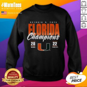 Miami Hurricanes vs Florida State Seminoles 2025 State Champions sweatshirt featuring bold team logos and vibrant colors.