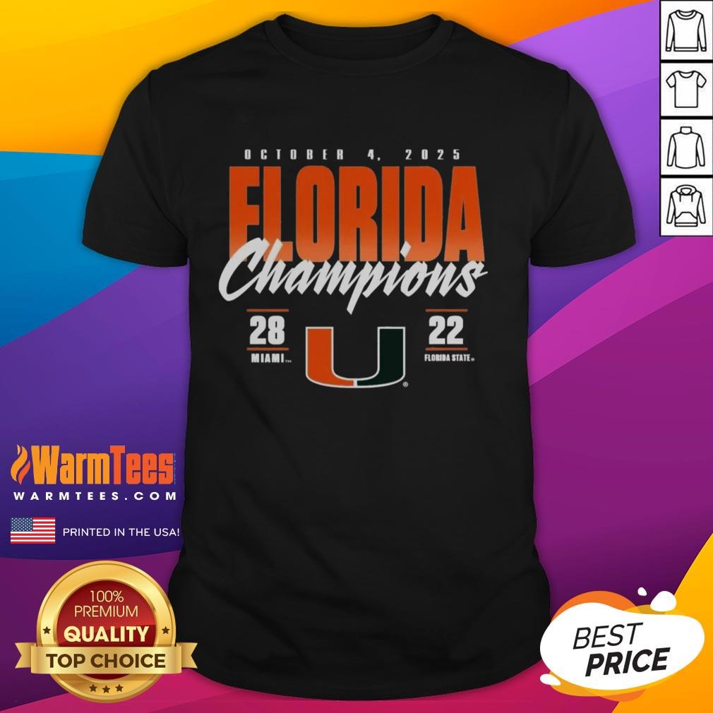 Awesome Miami Hurricanes vs. Florida State Seminoles 2025 State Champions T-Shirt featuring bold team graphics.
