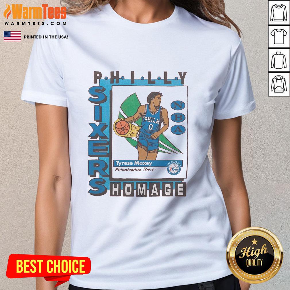 Awesome Philadelphia 76ers Trading Card featuring Tyrese Maxey on a stylish ladies tee, perfect for fans and collectors.