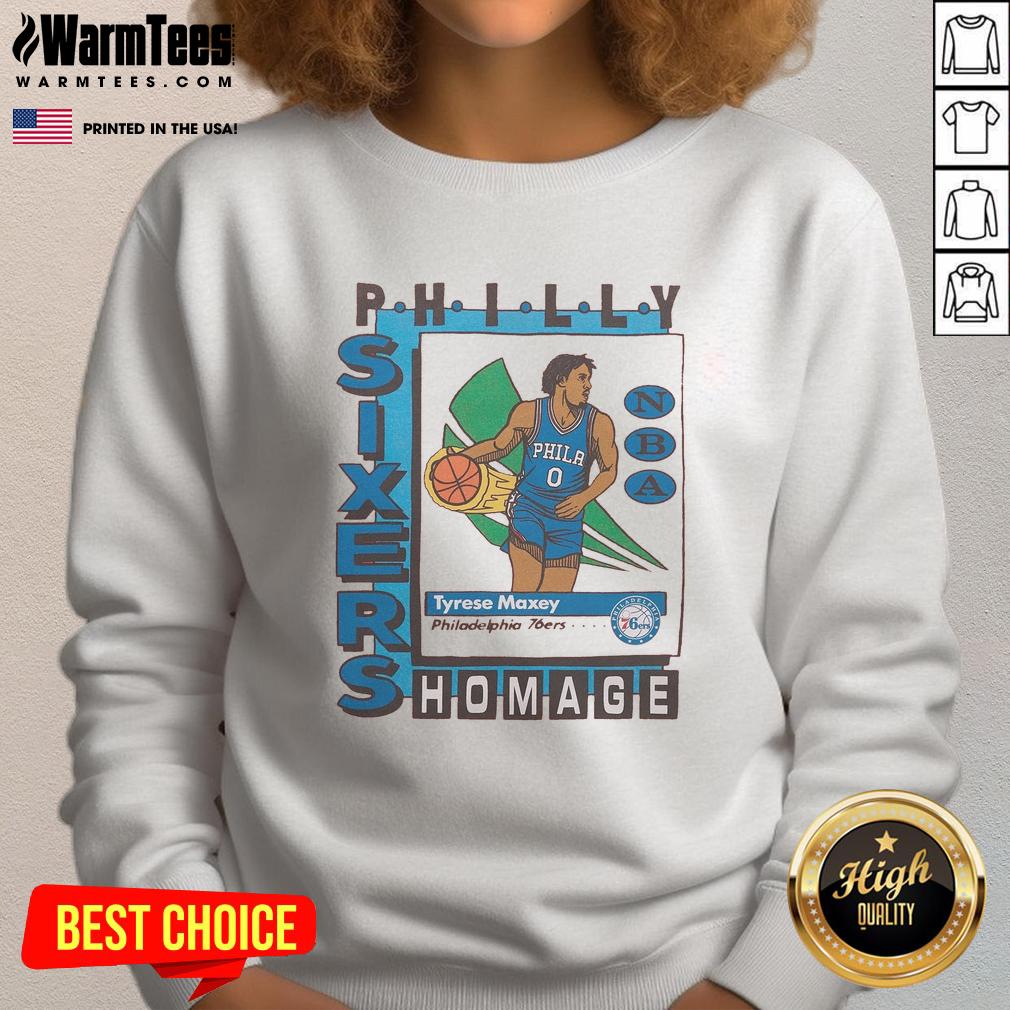 Awesome Philadelphia 76ers trading card sweatshirt featuring Tyrese Maxey, perfect for fans and collectors.