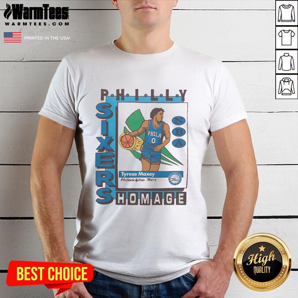 Alt Text: Awesome Philadelphia 76ers trading card design featuring Tyrese Maxey on a stylish T-shirt. Perfect for fans!