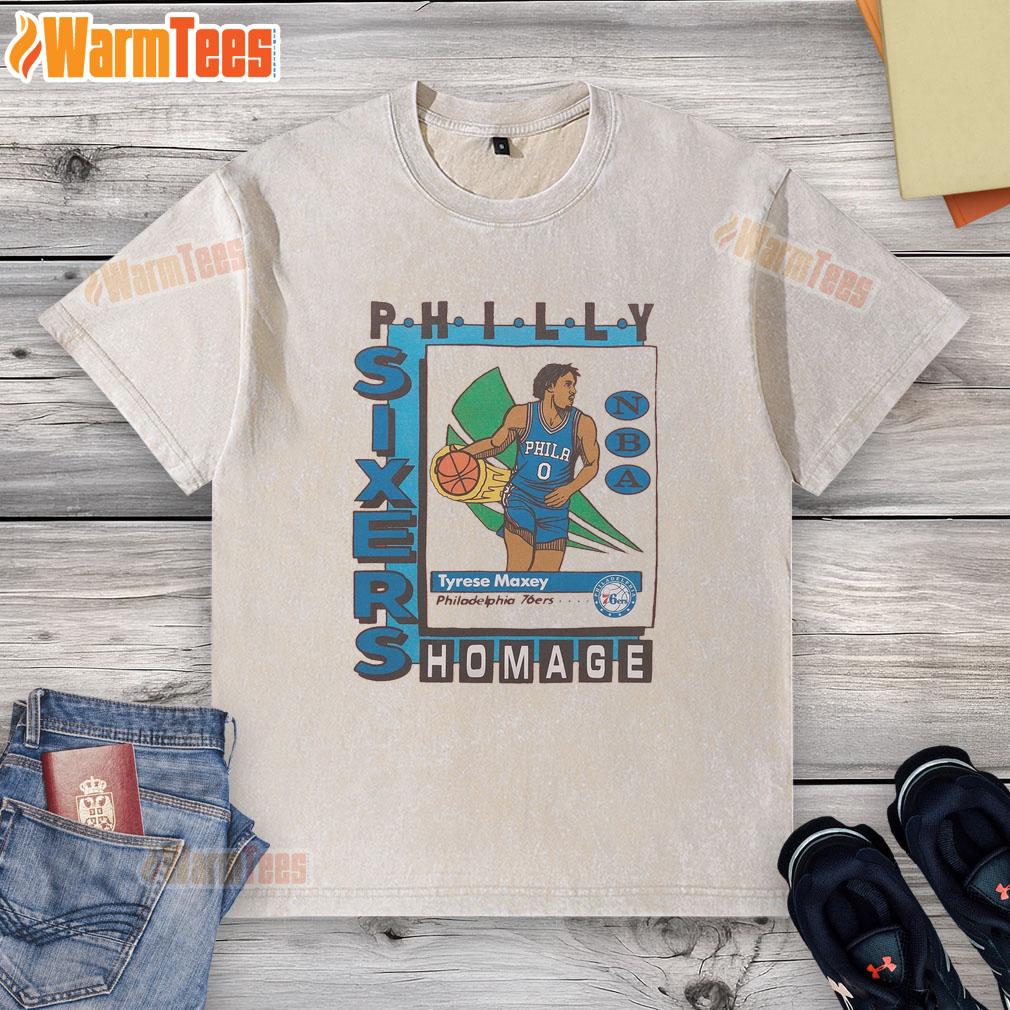Awesome Philadelphia 76ers trading card featuring Tyrese Maxey on a stylish washed t-shirt design.