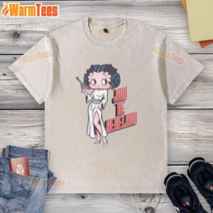 Awesome Rebel Pinup retro cartoon princess parody on a washed t-shirt, perfect for rebellious fashion lovers.