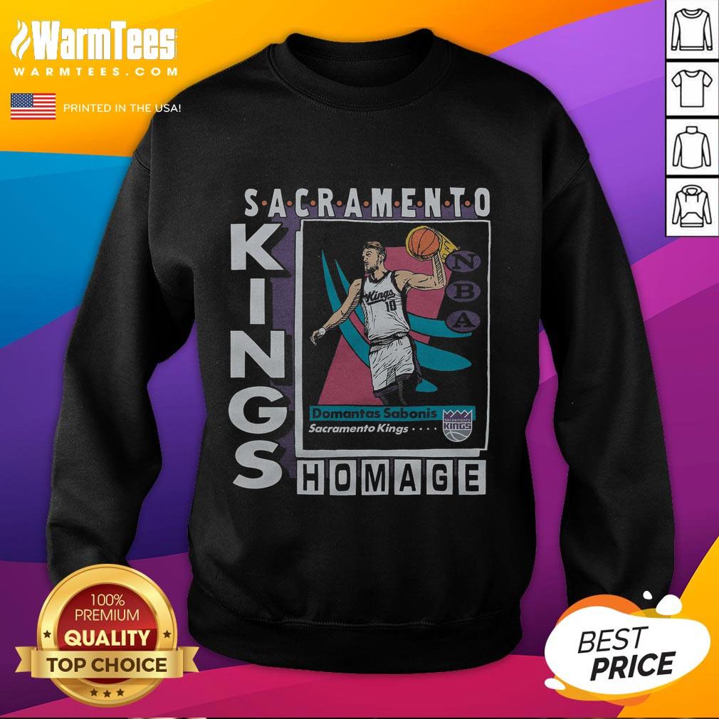 Alt Text: Awesome Sacramento Kings trading card sweatshirt featuring Domantas Sabonis, perfect for fans and collectors.