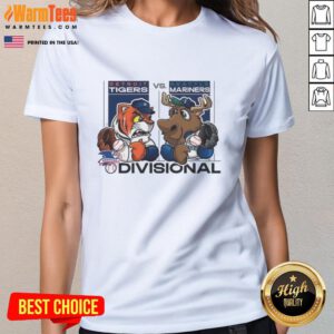Seattle Mariners vs. Detroit Tigers 2025 ALDS mascot ladies tee, featuring vibrant team graphics and a stylish design.