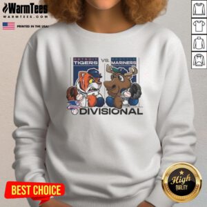 Awesome Seattle Mariners vs Detroit Tigers sweatshirt featuring team mascots for the 2025 American League Division Series.