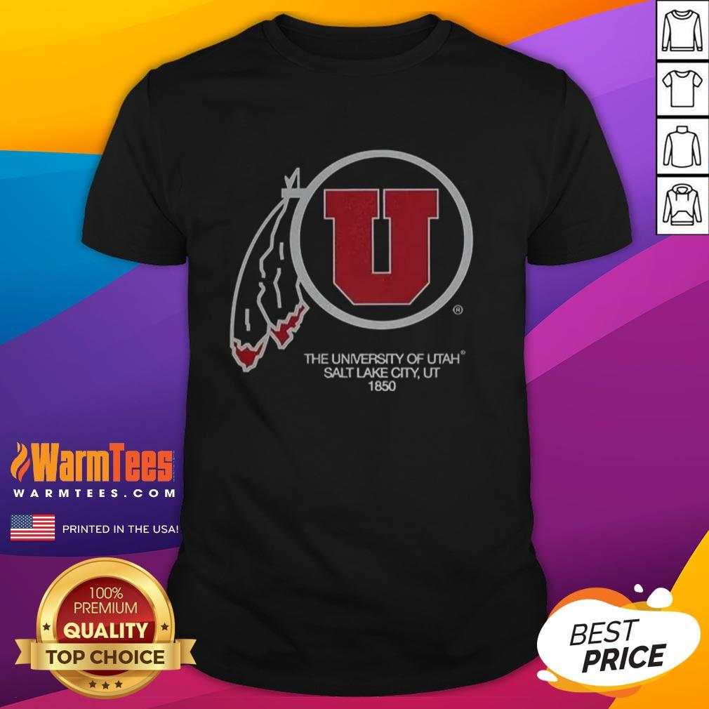 Alt Text: Awesome University of Utah Salt Lake City 1850 Utah Utes football logo T-shirt in red and white.