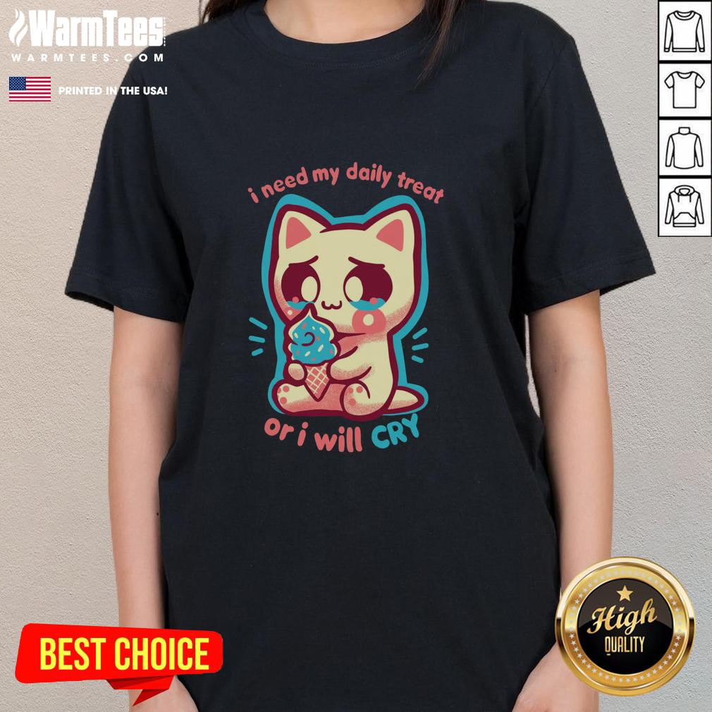 Cute cat with a playful expression, demanding daily treats on a fun ladies tee design.