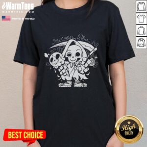 Alt Text: Cute Chill Reaper Ladies Tee featuring a playful grim reaper design, perfect for casual and spooky style.