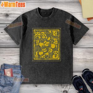 Cute doodle cats design on a washed t-shirt, perfect for cat lovers and casual wear enthusiasts.