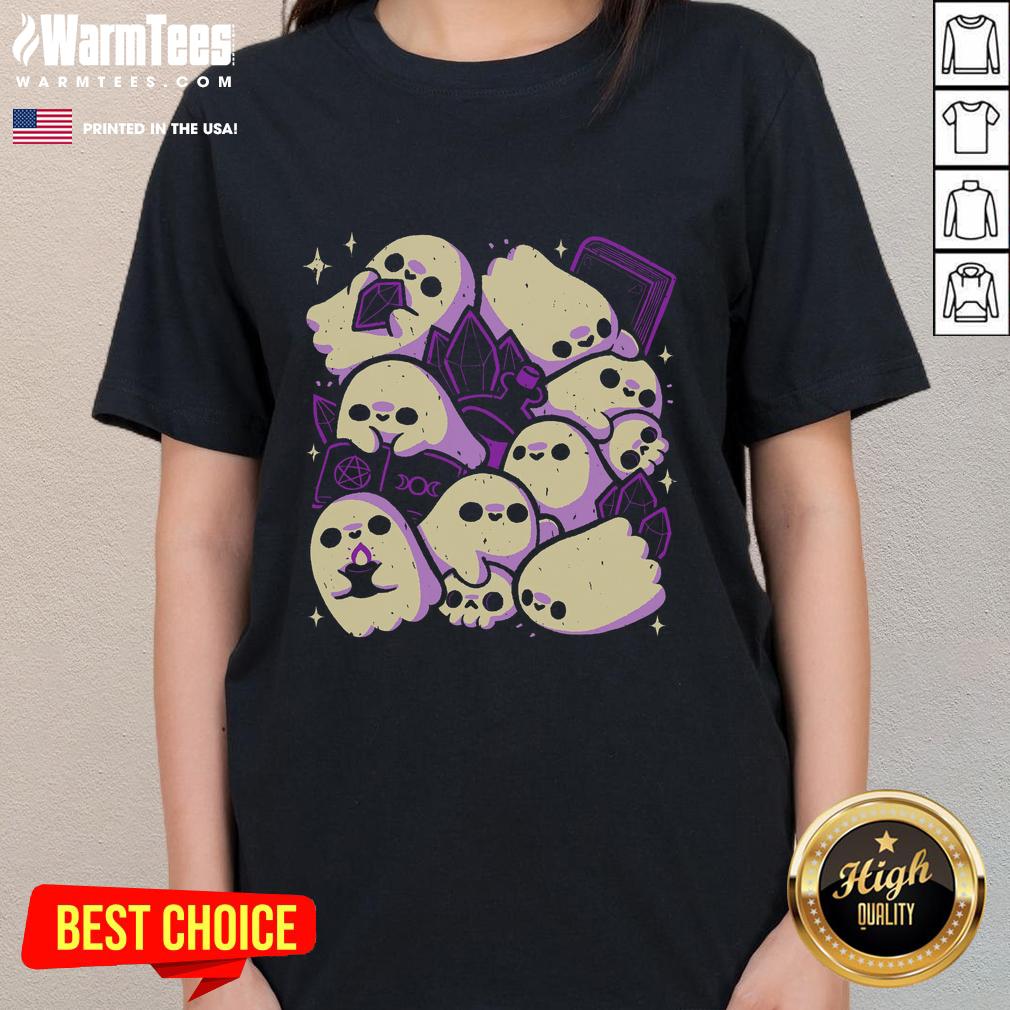 Alt Text: Cute spooky ghosts and witchcraft ladies graphic tee for Halloween, perfect for festive celebrations.
