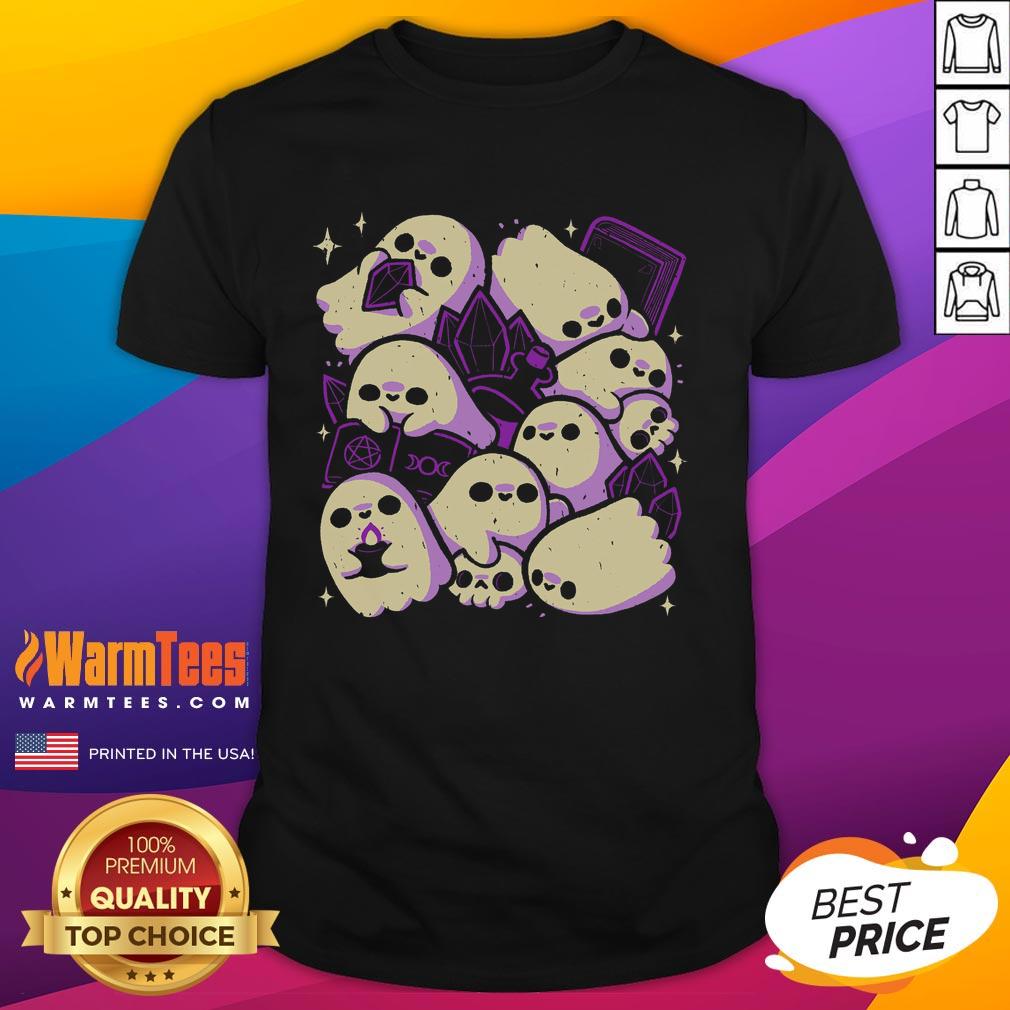 Alt Text: Cute spooky cute ghosts and witchcraft t-shirt featuring playful ghost designs and witch elements for Halloween fun.