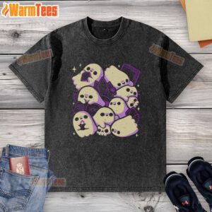 Alt Text: Cute spooky cute ghosts and witchcraft design on a washed t-shirt, perfect for Halloween fashion.