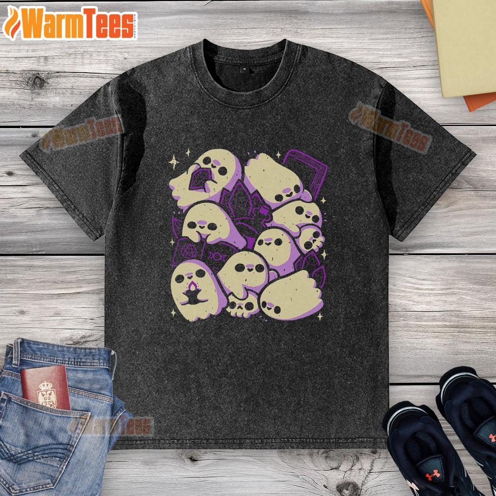 Alt Text: Cute spooky cute ghosts and witchcraft design on a washed t-shirt, perfect for Halloween fashion.