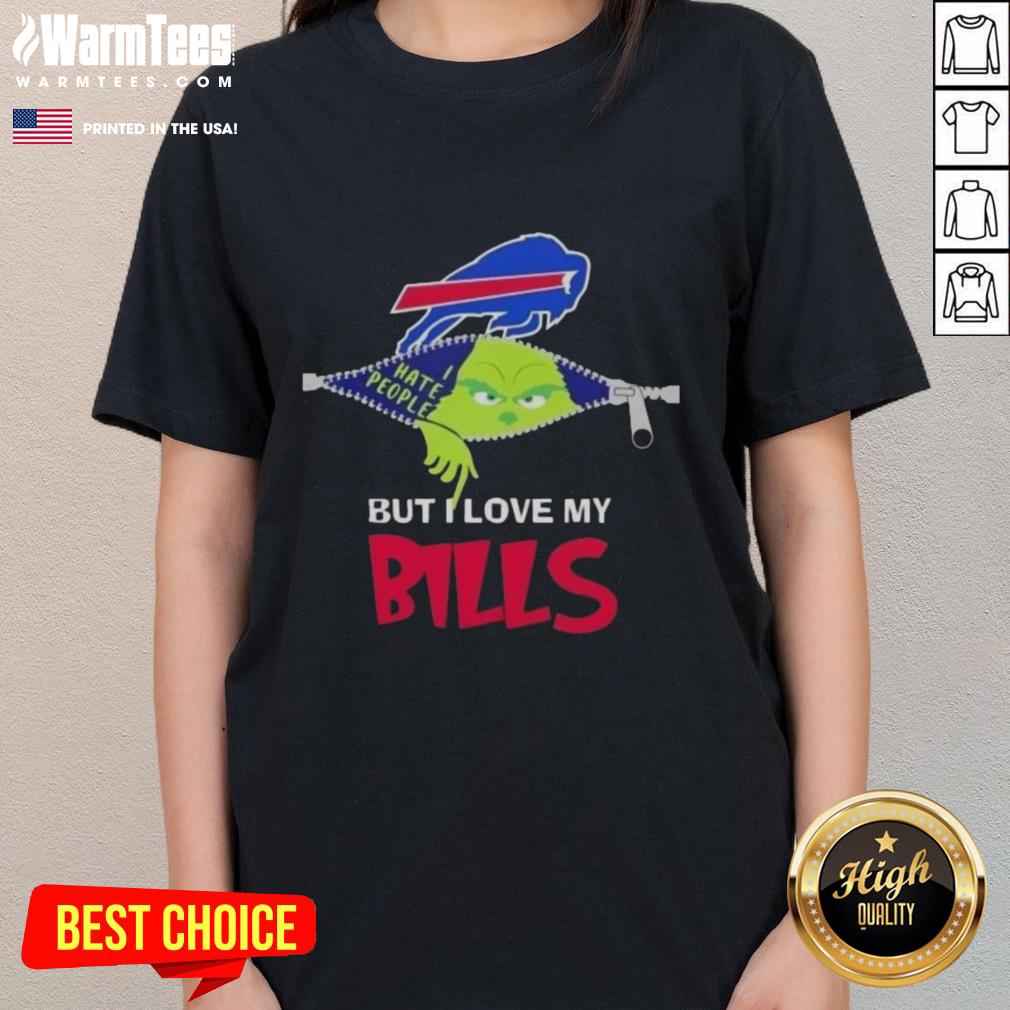 Funny Grinch Christmas tee for ladies featuring Buffalo Bills logo, perfect for holiday cheer and sports fans.