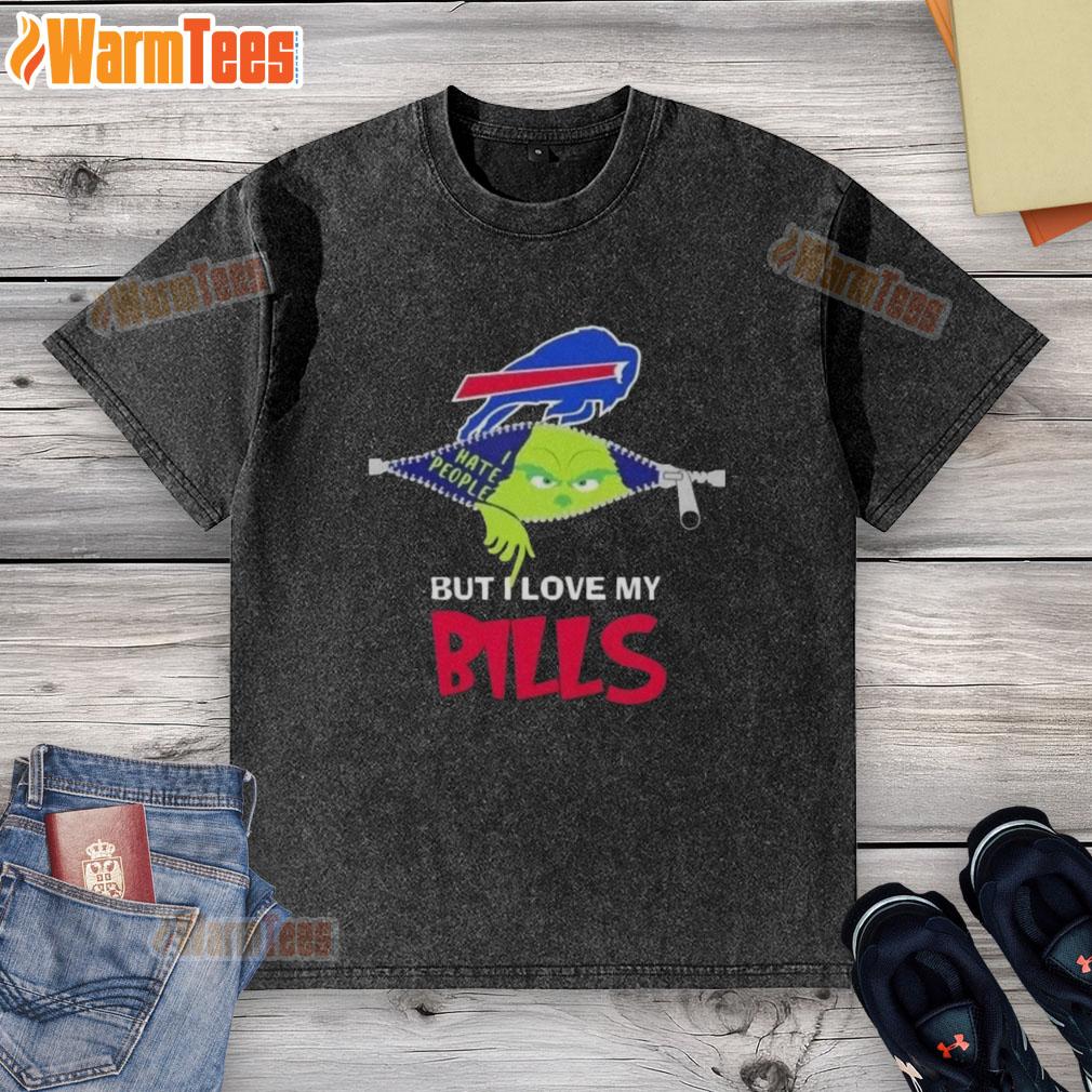 Funny Grinch Christmas shirt featuring a Buffalo Bills logo, perfect for holiday cheer and sports fans.