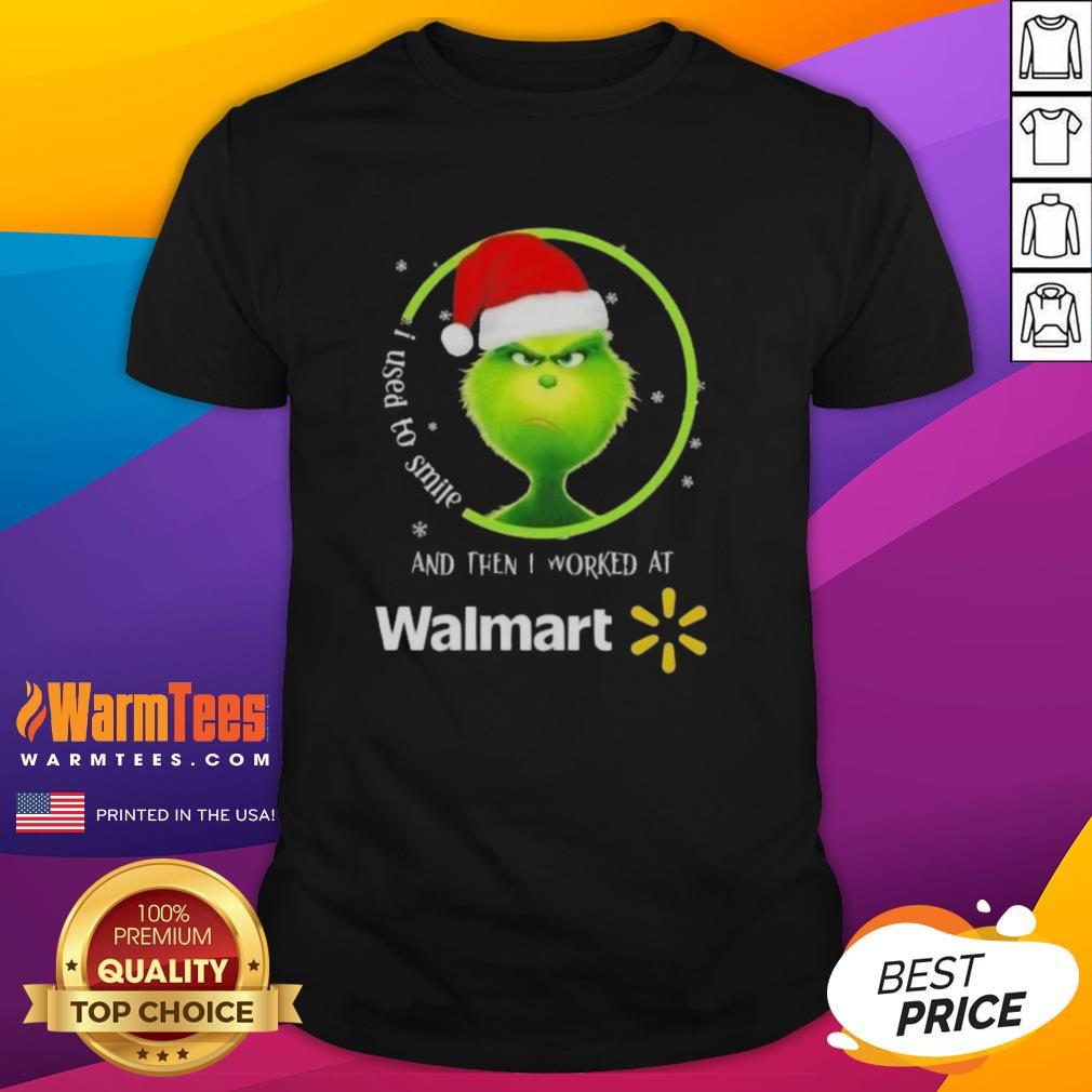 Alt Text: Funny Grinch Christmas t-shirt featuring the phrase I Used To Smile And Then I Worked At Walmart in vibrant colors.