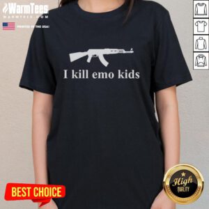 Funny Gun I Kill Emo Kids Ladies Tee featuring a humorous graphic design for a playful and edgy fashion statement.
