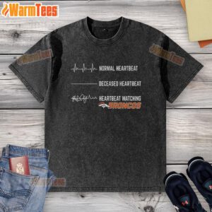 Funny heartbeat design on a Denver Broncos washed t-shirt, perfect for fans showcasing team spirit.
