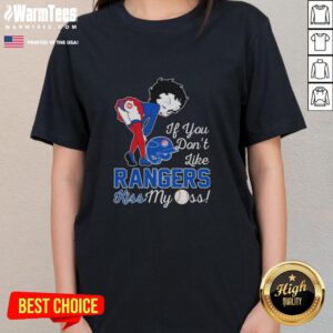 Good Betty Boop 'If You Don't Like Texas Rangers Kiss My Ass' ladies tee featuring playful graphic design and bold colors.