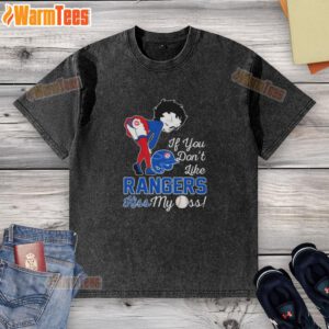 Good Betty Boop T-shirt: 'If You Don't Like Texas Rangers, Kiss My Ass' graphic on a washed tee for baseball fans.
