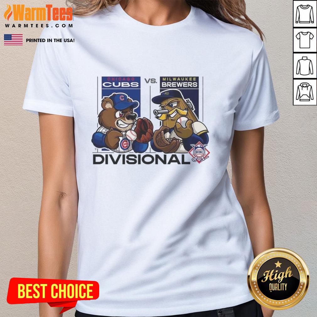 Chicago Cubs vs Milwaukee Brewers 2025 Divisional Series mascot ladies tee featuring team logos and vibrant colors.