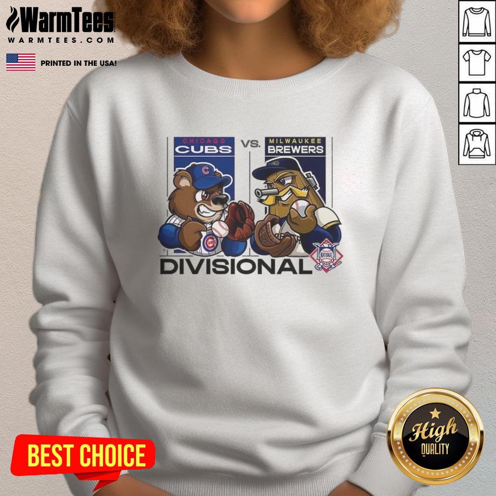 Chicago Cubs vs Milwaukee Brewers 2025 National League Divisional Series mascot sweatshirt featuring team logos.