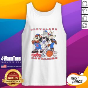 Alt Text: Cleveland Cavaliers NBA X Looney Tunes cartoon characters tank top featuring vibrant graphics and team logo.