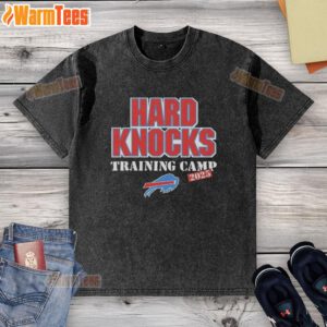 Buffalo Bills 2025 Good Hard Knocks Training Camp washed t-shirt displayed on a hanger, showcasing team pride and style.