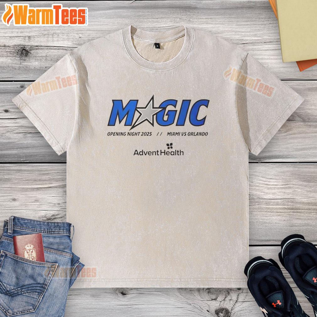 Good Magic Opening Night 2025 Miami vs Orlando washed t-shirt showcasing vibrant team colors and logo.