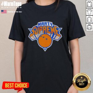 Alt Text: Good Marty Supreme New York Knicks logo parody ladies tee featuring a stylish design for fans.