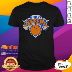 Alt Text: Good Marty Supreme New York Knicks logo parody T-shirt featuring a unique design for basketball fans.