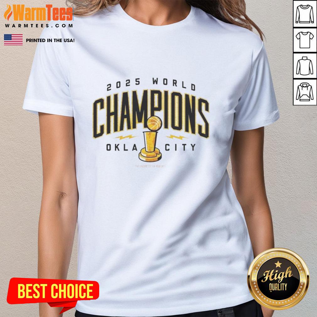 Good OKC Thunder NBA Champions 2025 trophy ladies tee featuring vibrant design celebrating Oklahoma City's victory.