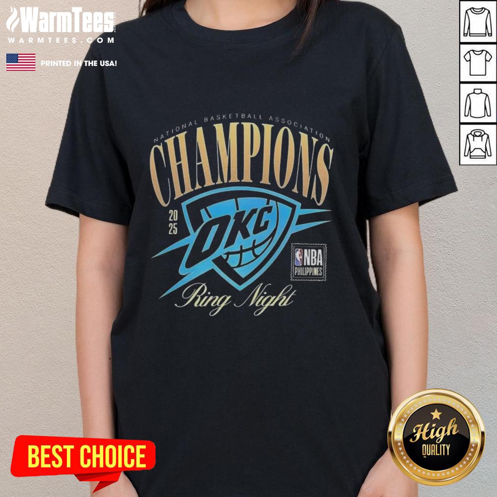 Alt Text: 2025 NBA Champions Oklahoma City Thunder ring night ladies tee featuring team colors and logo, perfect for fans.