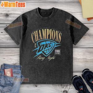 Alt Text: Oklahoma City Thunder NBA Champions 2025 Ring Night washed t-shirt featuring team logo and celebratory design.