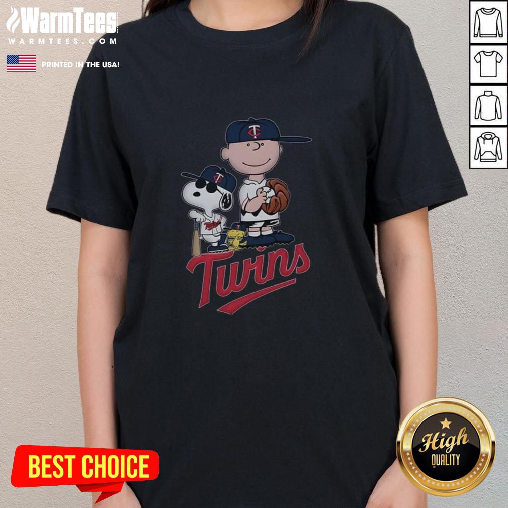 Good Peanuts Characters Minnesota Twins Ladies Tee featuring playful cartoon designs and team colors.