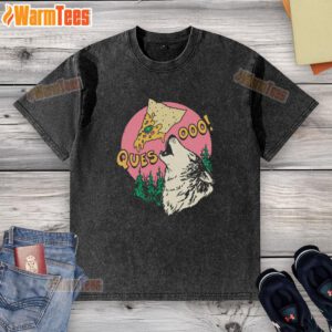 Good Queso Lupus Wolf Pizza washed t-shirt featuring a vibrant wolf graphic and playful pizza design, perfect for casual wear.