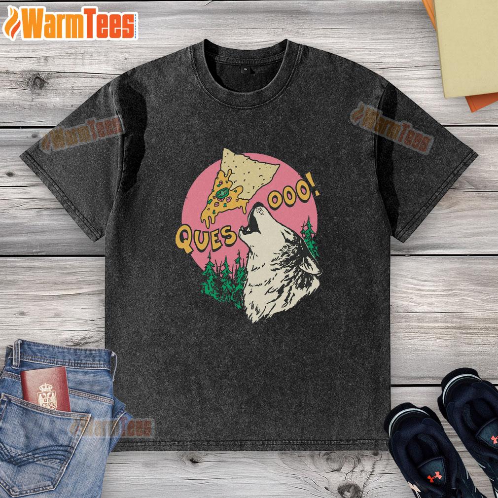 Good Queso Lupus Wolf Pizza washed t-shirt featuring a vibrant wolf graphic and playful pizza design, perfect for casual wear.