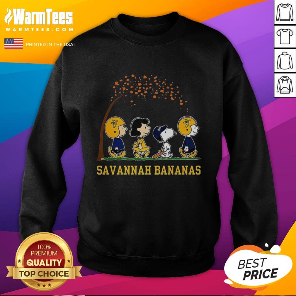 Good Snoopy and Friends Peanuts x Savannah Bananas baseball sweatshirt in autumn colors, perfect for cozy fall wear.