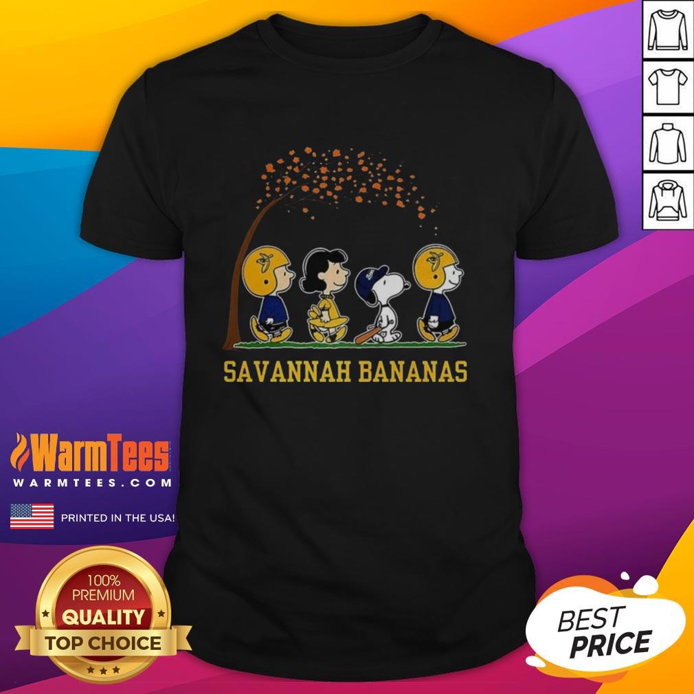 Good Snoopy and Friends Peanuts X Savannah Bananas baseball autumn T-shirt featuring colorful graphics and playful design.