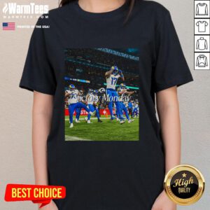 Alt Text: Hot Los Angeles Rams Victory Monday ladies tee featuring bold team colors and stylish design for female fans.