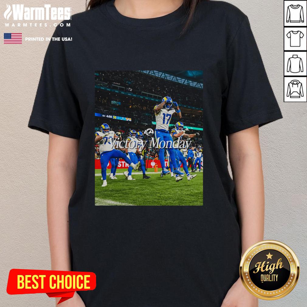 Alt Text: Hot Los Angeles Rams Victory Monday ladies tee featuring bold team colors and stylish design for female fans.
