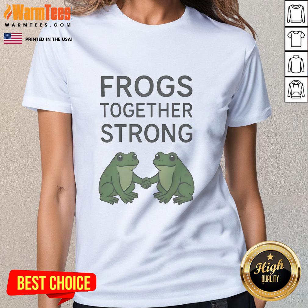 Hot Portland Frogs Together Strong Ladies Tee featuring vibrant frog graphics and empowering text on a stylish shirt.