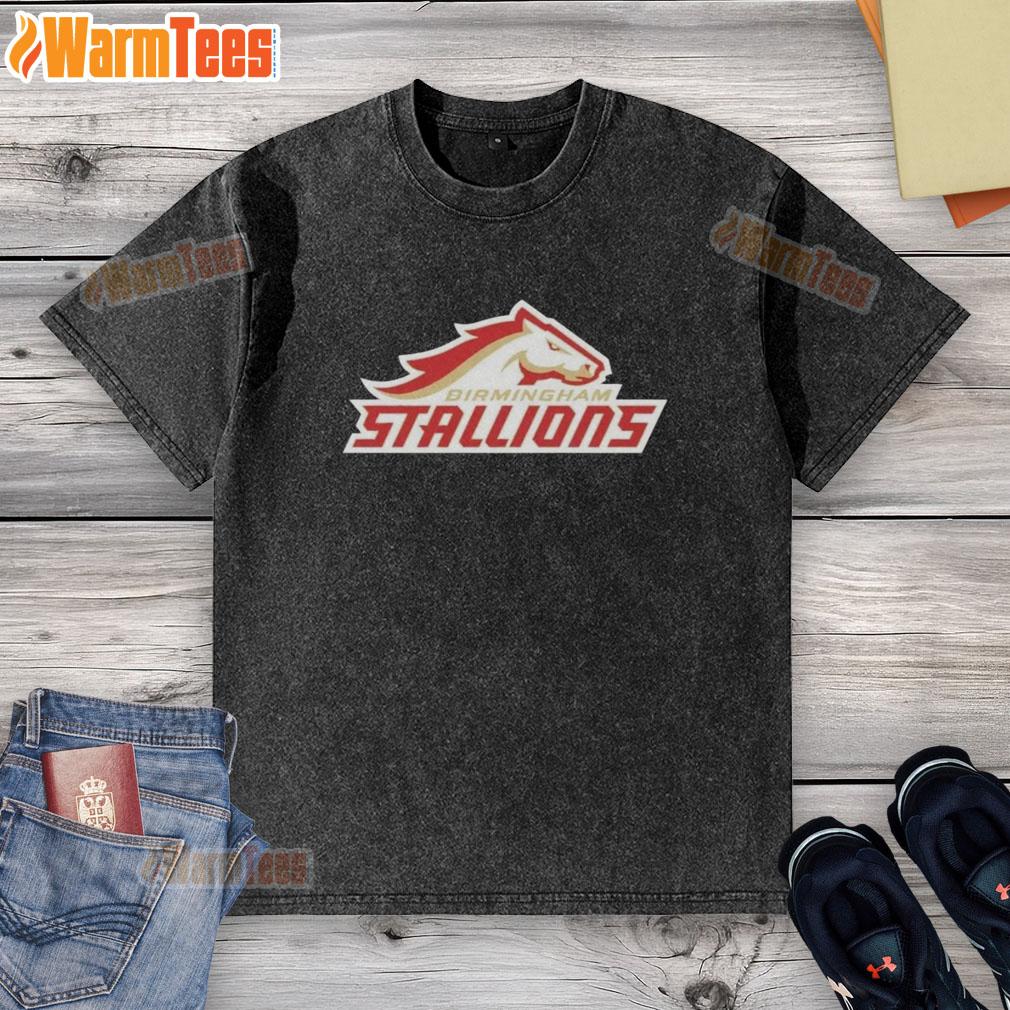 Alt Text: Nice Birmingham Stallions lockup logo on a washed t-shirt, showcasing a stylish and casual sports apparel design.