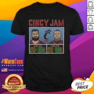 Alt Text: Nice Cincy Jam Kelce and Kelce T-shirt featuring bold graphics, perfect for Kansas City Chiefs fans and game day.