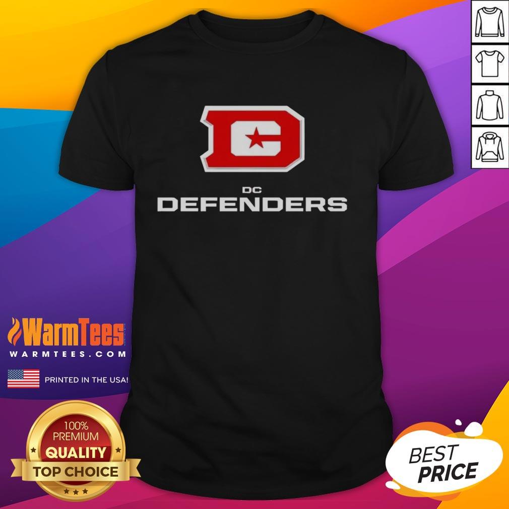 Alt Text: Stylish DC Defenders lockup logo T-shirt featuring bold graphics, perfect for fans of the DC Defenders football team.
