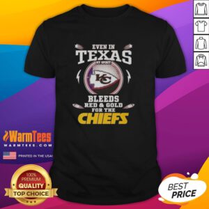 Alt Text: Kansas City Chiefs T-Shirt: 'My Spirit Bleeds Red And Gold' design, perfect for fans in Texas.